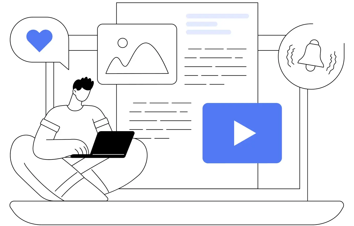 Person using laptop with media and notification icons